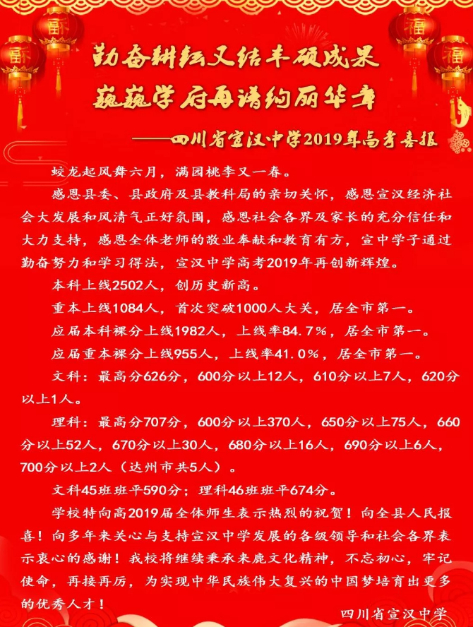 四川省宣漢中學(xué)2019年高考喜報(bào)